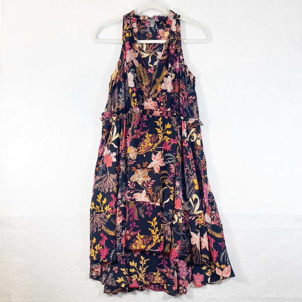 Chelsea28 Dress XS Black High-Low Floral Ruffle A-Line Sleeveless